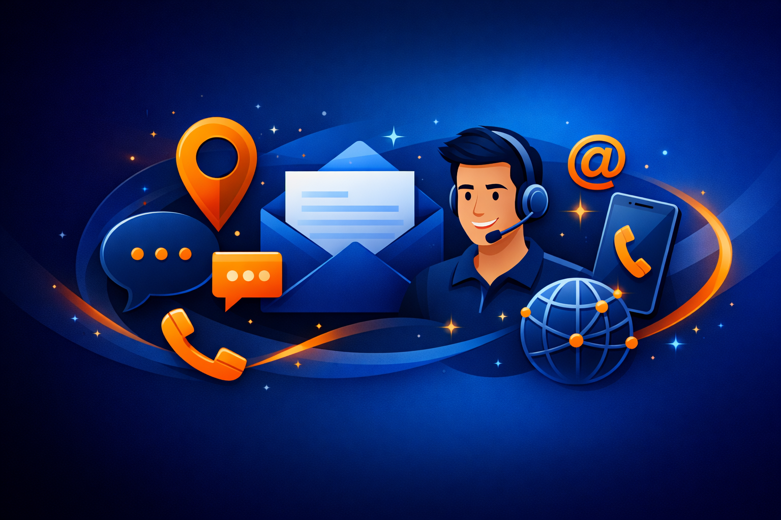 Illustration of customer support with dark and light blue gradient and orange accents