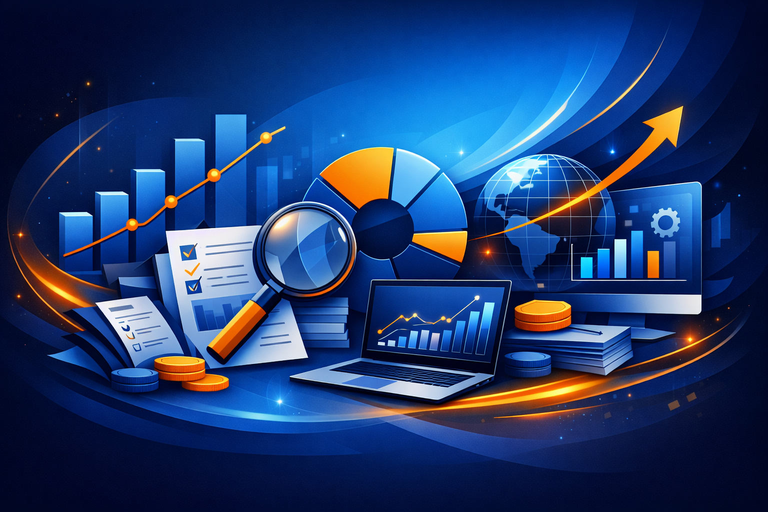 Abstract business analytics illustration with dark and light blue gradient and orange accents